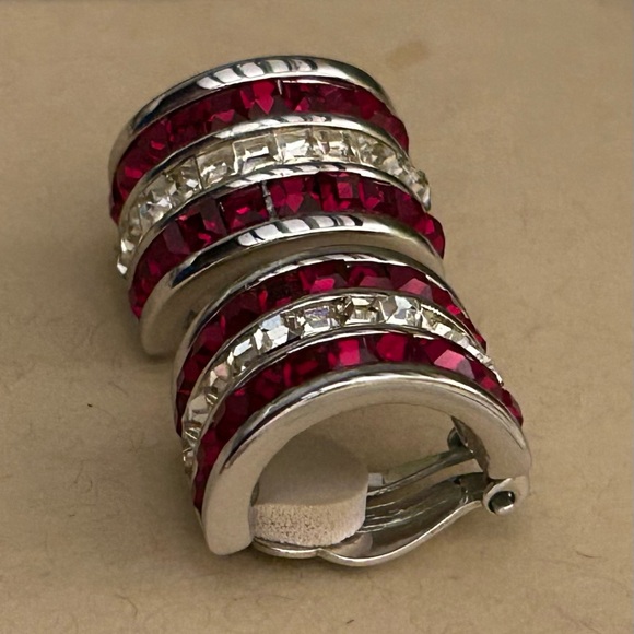randal carnes Jewelry - RANDAL CARNES Red & Clear Crystal, Silver Tone Huggie Hoop Clip-On Earrings